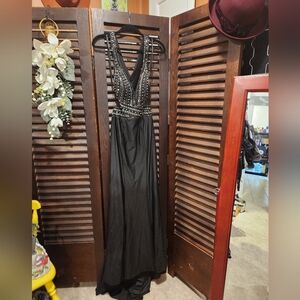 Dancing Queen Black Beaded Backless Dress